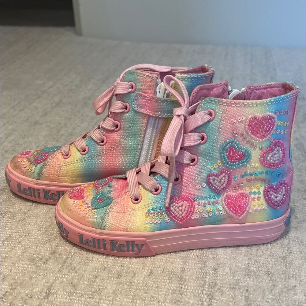 Lelli Kelly Girls Rainbow Heart Beaded Kids High Top Sneakers